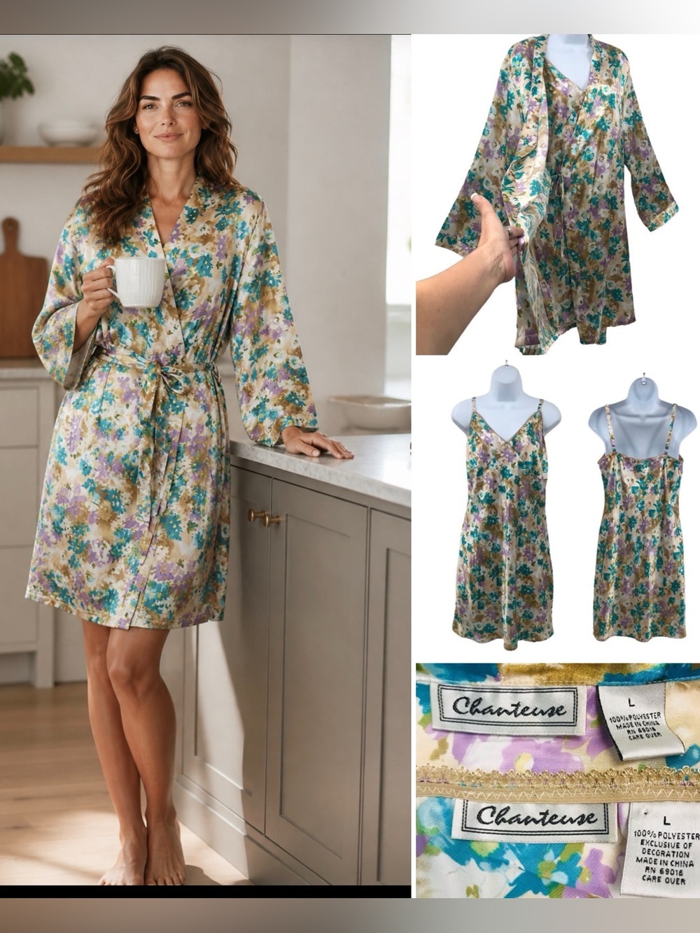 Chanteuse Lingerie Satin Robe & Slip Nightgown 2 Piece Set Sz. L NWT